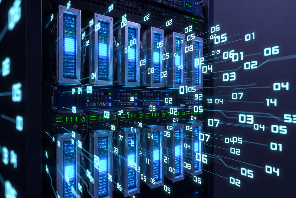 Glowing server rack with neon port numbers mapped to real-world threats